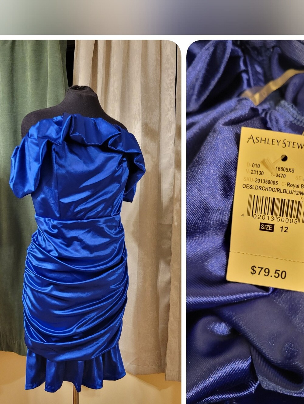 Nwt Ashley Stewart Cobalt Blue Satin One-Shoulder Ruffle Dress